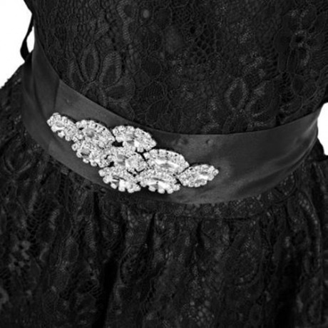 REFINED V-NECK SLEEVELESS FLOWER LACE PARTY DRESS WITH RHINESTONE BELT FOR GIRLS (BLACK)