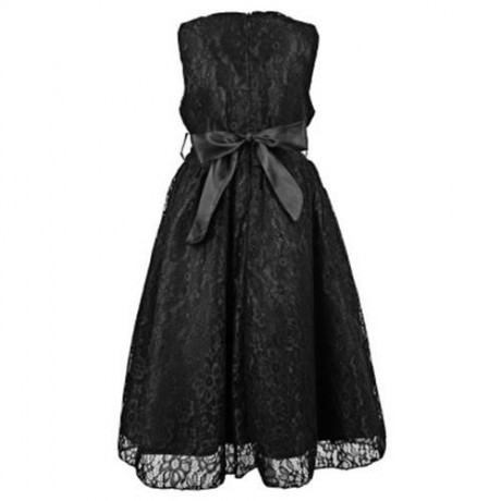 REFINED V-NECK SLEEVELESS FLOWER LACE PARTY DRESS WITH RHINESTONE BELT FOR GIRLS (BLACK)