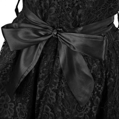 REFINED V-NECK SLEEVELESS FLOWER LACE PARTY DRESS WITH RHINESTONE BELT FOR GIRLS (BLACK)