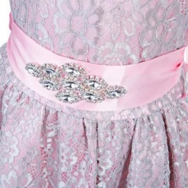 REFINED V-NECK SLEEVELESS FLOWER LACE PARTY DRESS WITH RHINESTONE BELT FOR GIRLS (PINK)