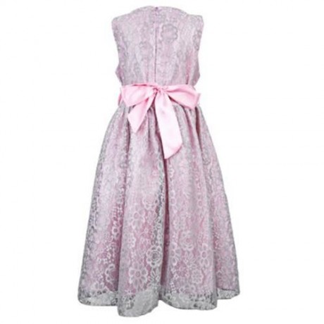 REFINED V-NECK SLEEVELESS FLOWER LACE PARTY DRESS WITH RHINESTONE BELT FOR GIRLS (PINK)