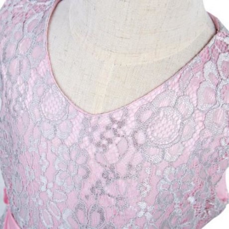 REFINED V-NECK SLEEVELESS FLOWER LACE PARTY DRESS WITH RHINESTONE BELT FOR GIRLS (PINK)