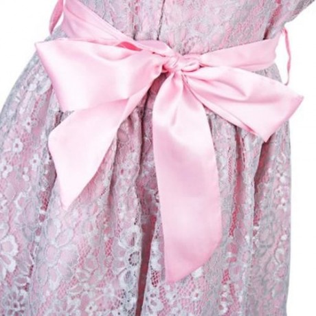 REFINED V-NECK SLEEVELESS FLOWER LACE PARTY DRESS WITH RHINESTONE BELT FOR GIRLS (PINK)