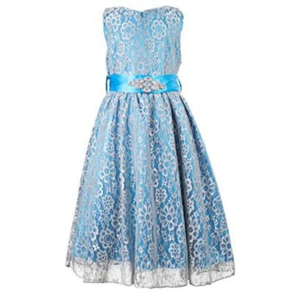 REFINED V-NECK SLEEVELESS FLOWER LACE PARTY DRESS WITH RHINESTONE BELT FOR GIRLS (BLUE) REFINED V-NECK SLEEVELESS FLOWER LACE PARTY DRESS WITH RHINESTONE BELT FOR GIRLS (BLUE)