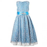 REFINED V-NECK SLEEVELESS FLOWER LACE PARTY DRESS WITH RHINESTONE BELT FOR GIRLS (BLUE)