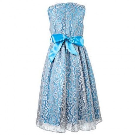 REFINED V-NECK SLEEVELESS FLOWER LACE PARTY DRESS WITH RHINESTONE BELT FOR GIRLS (BLUE)