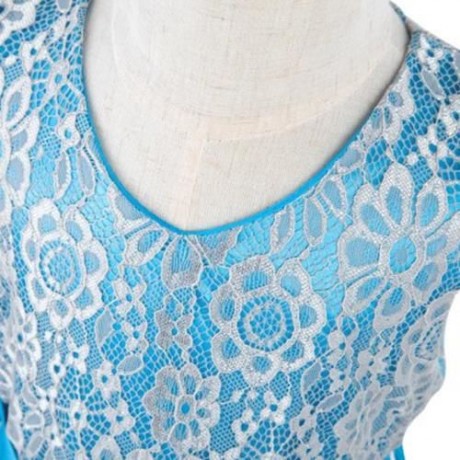 REFINED V-NECK SLEEVELESS FLOWER LACE PARTY DRESS WITH RHINESTONE BELT FOR GIRLS (BLUE)