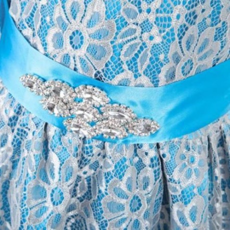 REFINED V-NECK SLEEVELESS FLOWER LACE PARTY DRESS WITH RHINESTONE BELT FOR GIRLS (BLUE)