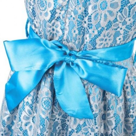 REFINED V-NECK SLEEVELESS FLOWER LACE PARTY DRESS WITH RHINESTONE BELT FOR GIRLS (BLUE)