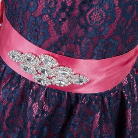 REFINED V-NECK SLEEVELESS FLOWER LACE PARTY DRESS WITH RHINESTONE BELT FOR GIRLS (ROSE)