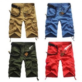 CASUAL MID WAIST PURE COLOR LOOSE-FITTING MULTIPLE POCKET COTTON MEN SHORTS (ARMY GREEN)