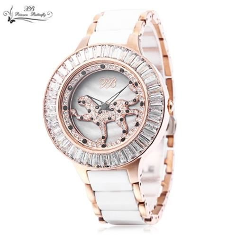 PRINCESS BUTTERFLY HL593 WOMEN QUARTZ WATCH REVOLVING ARTIFICIAL RHINESTONE LEOPARD DIAL C