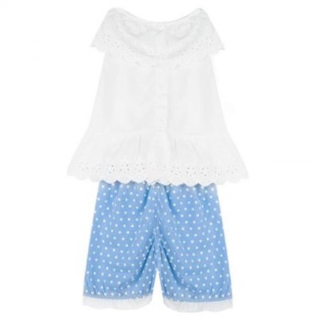 2PCS CUTE BABIES COTTON ROUND NECK TOPS POLKA DOT SHORTS (LIGHT BLUE)