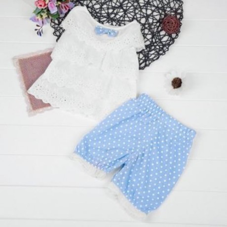 2PCS CUTE BABIES COTTON ROUND NECK TOPS POLKA DOT SHORTS (LIGHT BLUE)