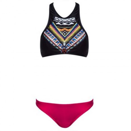 FASHION WOMEN BIKINI GEOMETRY PRINT HIGH NECK PUSH UP SWIMSUIT SWIMWEAR SET (RED)