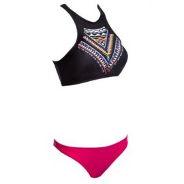 FASHION WOMEN BIKINI GEOMETRY PRINT HIGH NECK PUSH UP SWIMSUIT SWIMWEAR SET (RED)