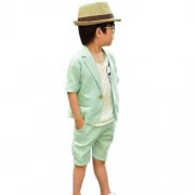 2PCS BOYS THREE-QUARTER SLEEVE LAPEL WESTERN-STYLE CLOTHES SUIT WITH BUTTON (LIGHT GREEN)