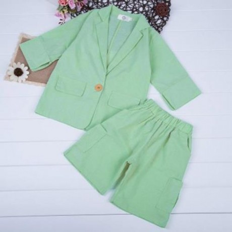 2PCS BOYS THREE-QUARTER SLEEVE LAPEL WESTERN-STYLE CLOTHES SUIT WITH BUTTON (LIGHT GREEN)