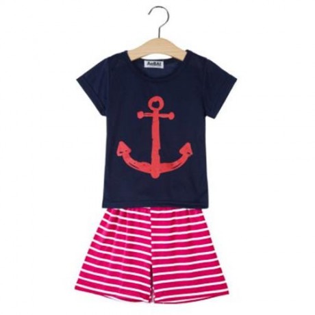 2PCS BOYS CARTOON PRINTED SHORT SLEEVE ROUND NECK T-SHIRT SHORTS (PURPLISH BLUE)