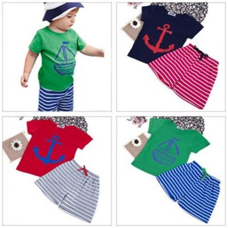 2PCS BOYS CARTOON PRINTED SHORT SLEEVE ROUND NECK T-SHIRT SHORTS (PURPLISH BLUE)