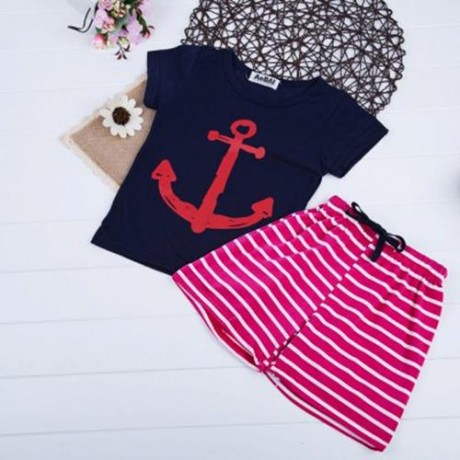 2PCS BOYS CARTOON PRINTED SHORT SLEEVE ROUND NECK T-SHIRT SHORTS (PURPLISH BLUE)