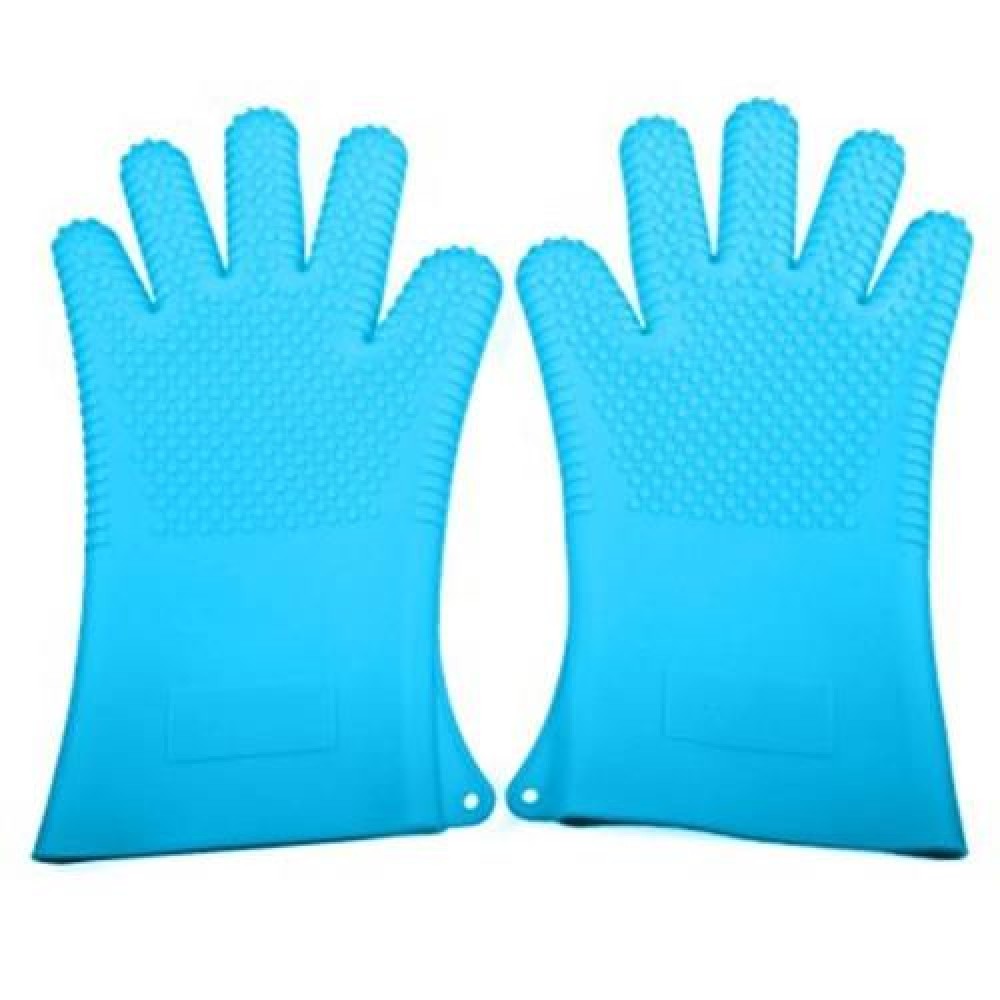HEAT RESISTANT OVEN MITTS POT HOLDERS SILICONE COOKING BBQ GRILL GLOVES (BLUE)