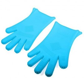 HEAT RESISTANT OVEN MITTS POT HOLDERS SILICONE COOKING BBQ GRILL GLOVES (BLUE)