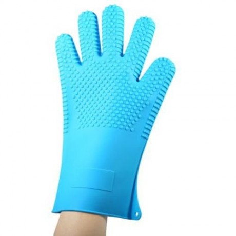 HEAT RESISTANT OVEN MITTS POT HOLDERS SILICONE COOKING BBQ GRILL GLOVES (BLUE)