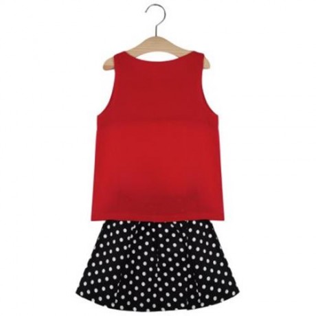 2PCS GIRLS SLEEVELESS ROUND NECK CHIFFON SHIRT POLKA DOTS PRINTED SKIRT WITH BOWKNOT (RED 
