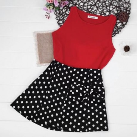 2PCS GIRLS SLEEVELESS ROUND NECK CHIFFON SHIRT POLKA DOTS PRINTED SKIRT WITH BOWKNOT (RED 