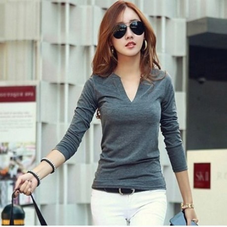 STYLISH GRAY DEEP V LONG SLEEVE TOP JA0002GY (SIZE S)