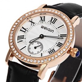 WEIQIN W4812E FEMALE QUARTZ WATCH  ARTIFICIAL DIAMOND DIAL GENUINE LEATHER STRAP WATER RES
