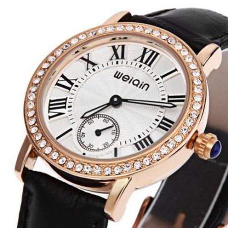 WEIQIN W4812E FEMALE QUARTZ WATCH  ARTIFICIAL DIAMOND DIAL GENUINE LEATHER STRAP WATER RES