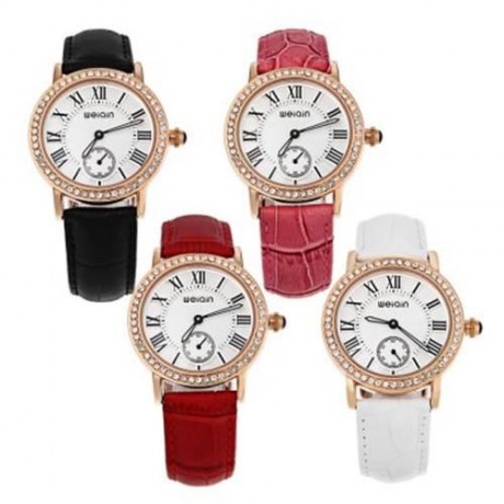 WEIQIN W4812E FEMALE QUARTZ WATCH  ARTIFICIAL DIAMOND DIAL GENUINE LEATHER STRAP WATER RES