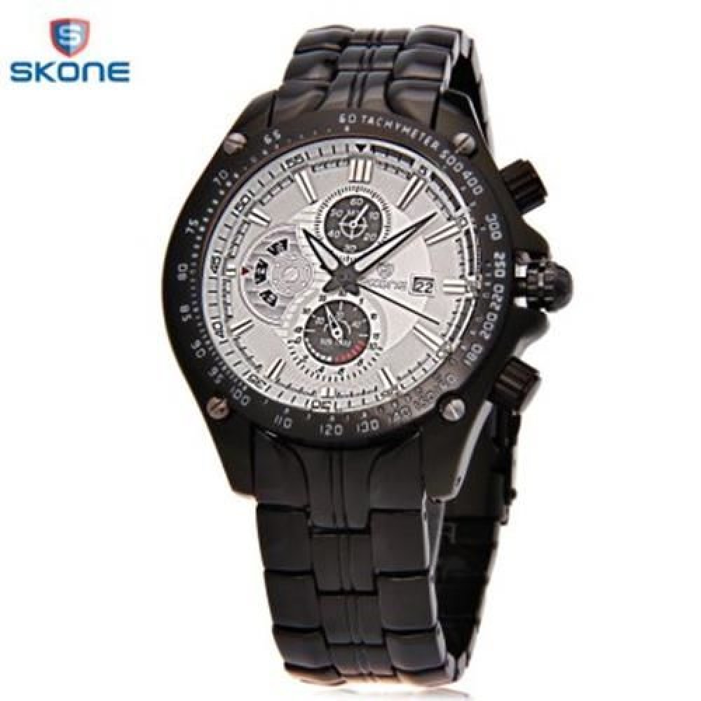 SKONE 7384BG MEN QUARTZ WATCH DATE DISPLAY DECORATIVE SUB-DIALS STAINLESS STEEL BAND WRIST