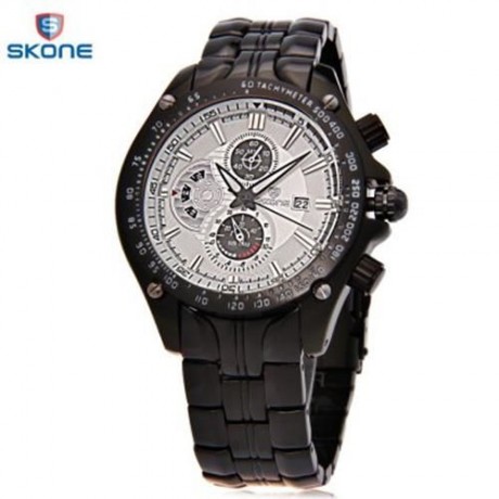 SKONE 7384BG MEN QUARTZ WATCH DATE DISPLAY DECORATIVE SUB-DIALS STAINLESS STEEL BAND WRIST