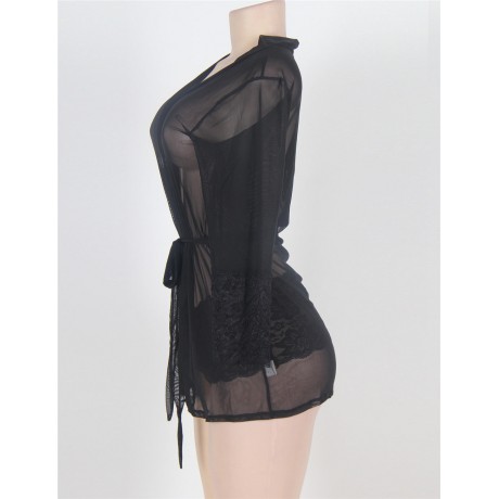 PLUS SIZE SOFT KIMONO AND CHEEKY PANTY (BLACK, SIZE XL/2XL/3XL)