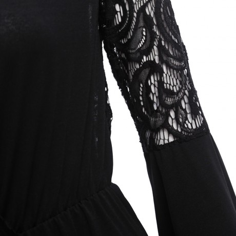 CHIC PLUNGING NECK FLARE SLEEVE LACE SPLICED (BLACK S/M/L/XL)