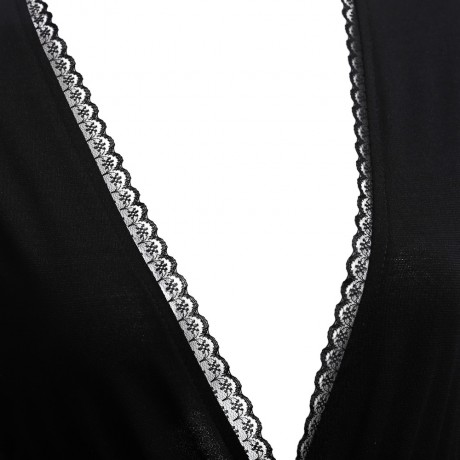 CHIC PLUNGING NECK FLARE SLEEVE LACE SPLICED (BLACK S/M/L/XL)