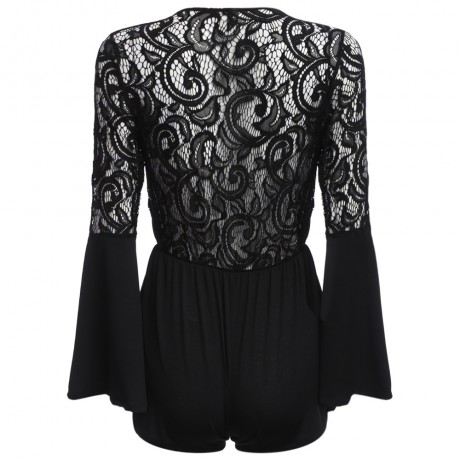 CHIC PLUNGING NECK FLARE SLEEVE LACE SPLICED (BLACK S/M/L/XL)