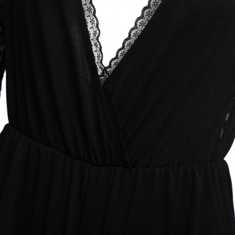 CHIC PLUNGING NECK FLARE SLEEVE LACE SPLICED (BLACK S/M/L/XL)