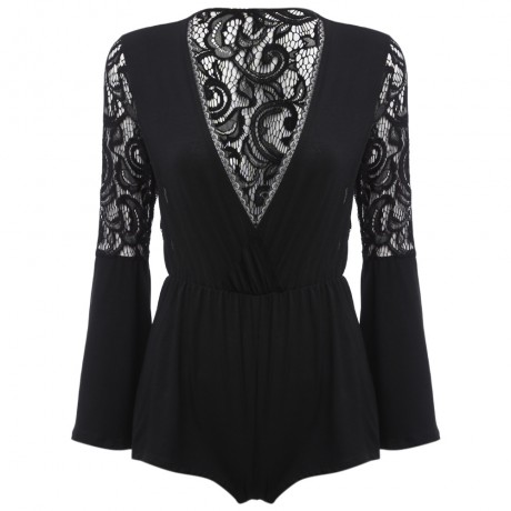 CHIC PLUNGING NECK FLARE SLEEVE LACE SPLICED (BLACK S/M/L/XL)
