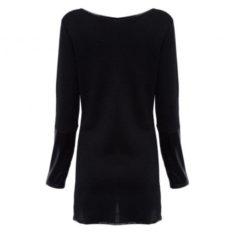 CHIC COLLARLESS LONG SLEEVE KNITTED LEATHER (BLACK M/L/XL)