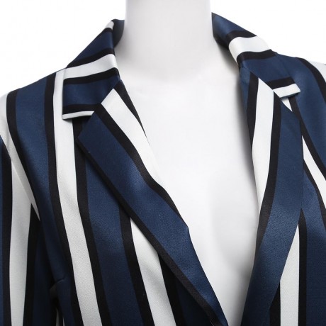 ELEGANT TURN-DOWN COLLAR LONG SLEEVE STRIPED SHEATH (WHITE AND BLUE S/M/L)
