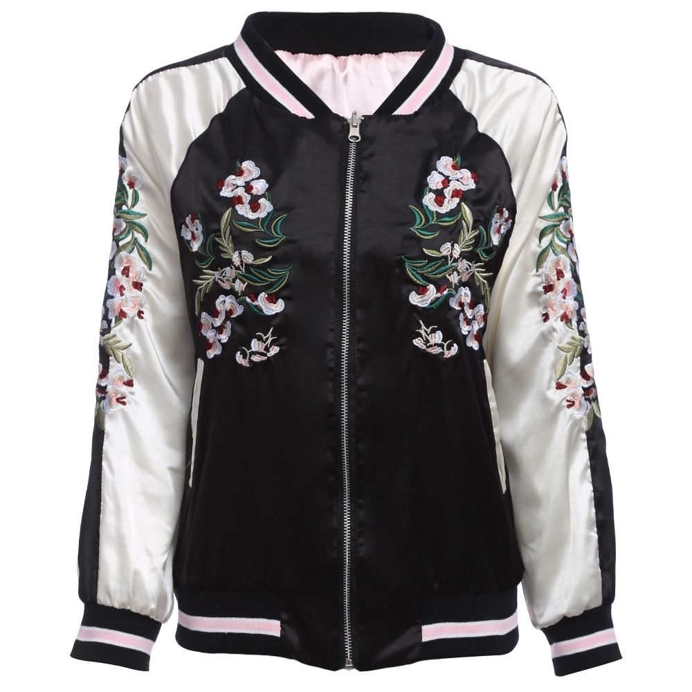 CHIC ROUND COLLAR ELASTIC SLEEVE HEM EMBROIDERY (WHITE AND BLACK S/M/L)