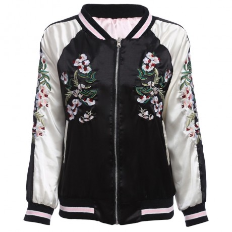 CHIC ROUND COLLAR ELASTIC SLEEVE HEM EMBROIDERY (WHITE AND BLACK S/M/L)