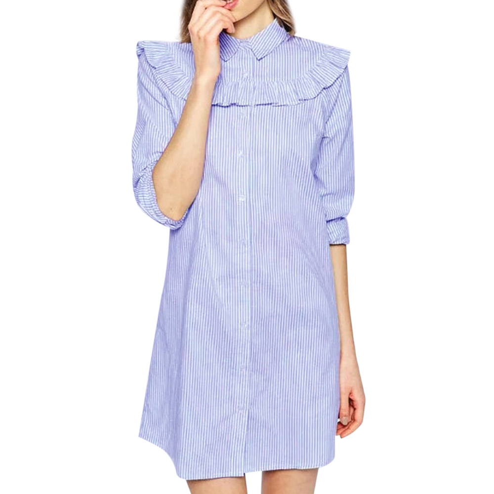TRENDY TURN-DOWN COLLAR LONG SLEEVE FLOUNCE DESIGN (MEDIUM BLUE S/M/L/XL)