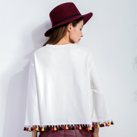 SWEET ROUND COLLAR LONG SLEEVE COLORFUL TASSELS (WHITE S/M/L/XL)