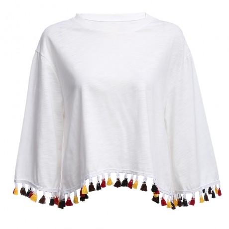 SWEET ROUND COLLAR LONG SLEEVE COLORFUL TASSELS (WHITE S/M/L/XL)