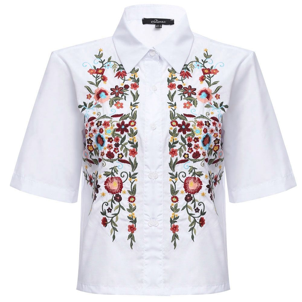 RETRO TURN-DOWN COLLAR HALF SLEEVE EMBROIDERY (WHITE S/M/L)